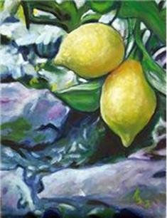 2 Limones Oil Textile Still Life Paintings