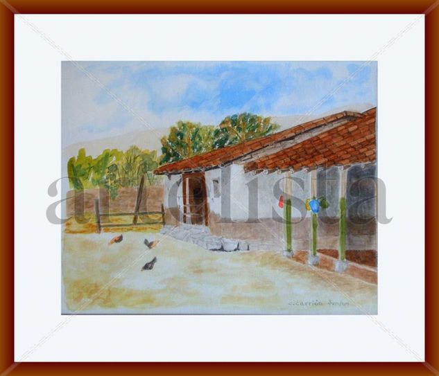 Casita de adobe con establo viejo Watercolour Card Landscaping