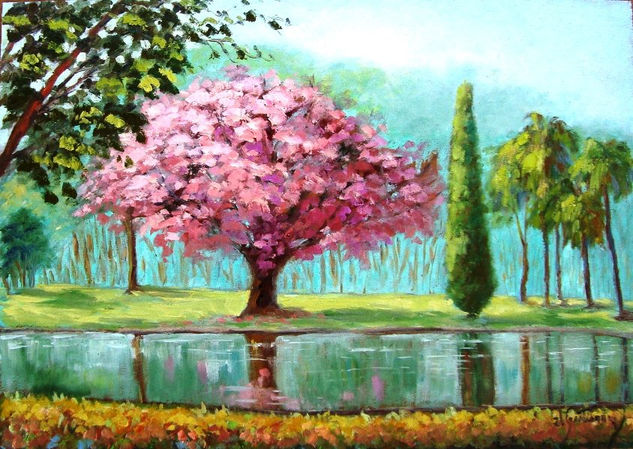 O lago na Primavera Oil Paper Landscaping