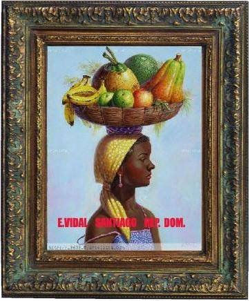 vededora con canasta de frutas con pañuelo amarillo