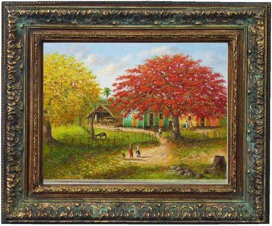 paisaje con framboyan rojo y amarillo