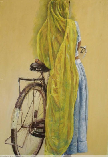 Mujer con bicicleta, Oil Canvas Landscaping