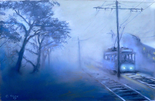 Tranvía en la niebla Pastel Papel Paisaje