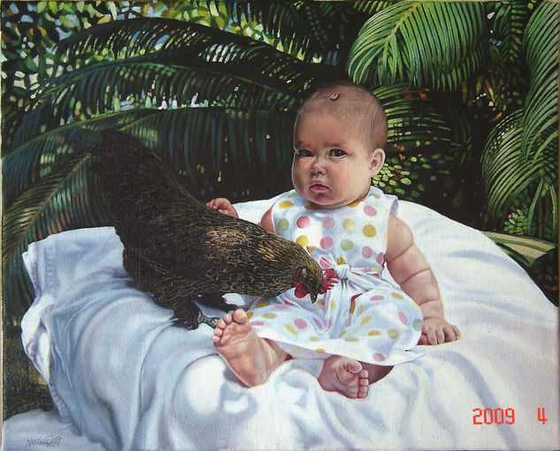 Niña con Gallina Oil Canvas Portrait