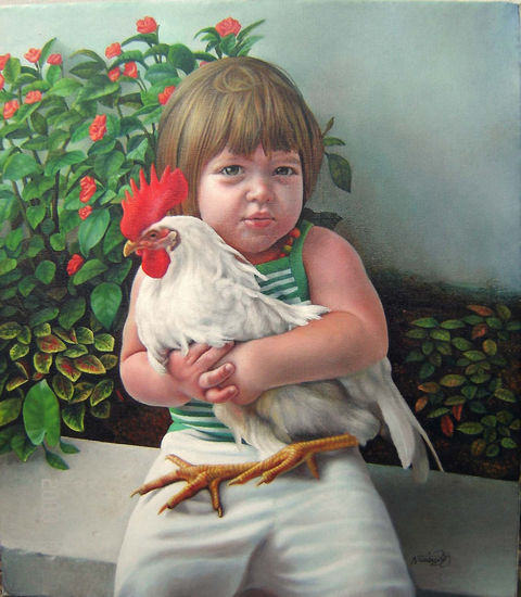 Niña con Gallo Oil Canvas Portrait