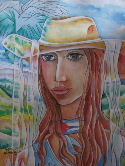 CAMPESINA CUBANA CON SOMBRERO Acrílico Cartulina Paisaje