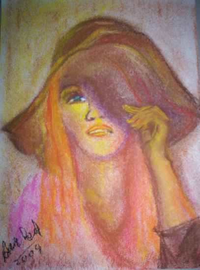 "La mujer del sombrero " Pastel Papel Retrato