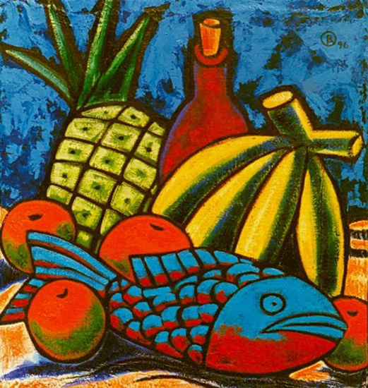 "Composição com Peixe e Abacaxi" Wax Panel Still Life Paintings