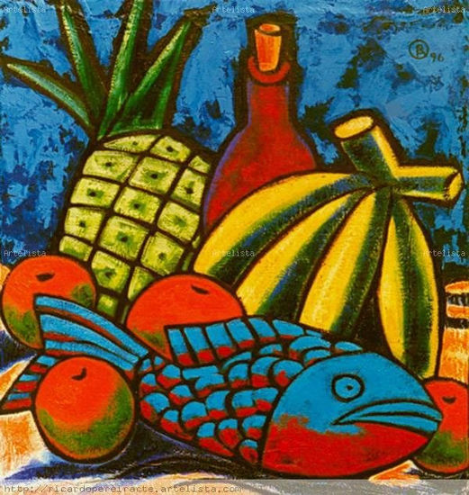 Composição com Peixe e Abacaxi Wax Panel Still Life Paintings