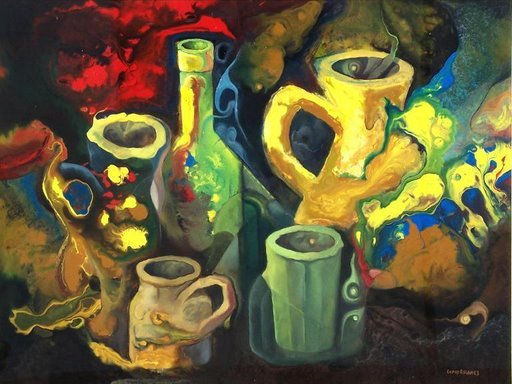 JARRONES Y BOTELLA (MUNDO ONÍRICO) Oil Canvas Still Life Paintings