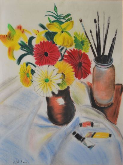 Florero con pinceles Pastel Paper Still Life Paintings