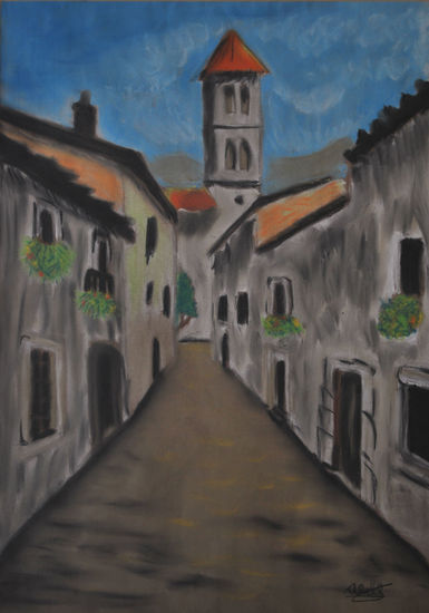 Pueblo con campanario Pastel Papel Paisaje