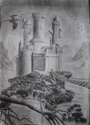 Castillo y dragón Lápiz (Negro) Papel Paisaje