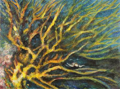 octocoral y tortuga Oil Canvas Marine Painting