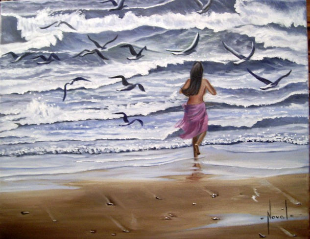 GAVIOTAS EN LA PLAYA DE VEGA LLANES (ASTURIAS ) Oil Canvas Marine Painting