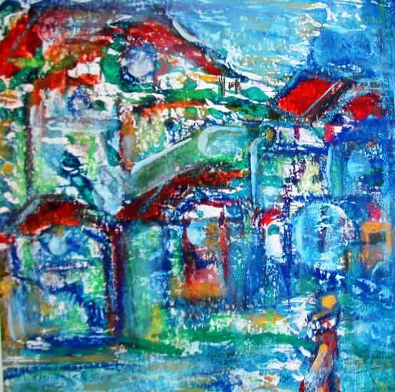 Orilla del mar y casas Mixed media Paper Marine Painting