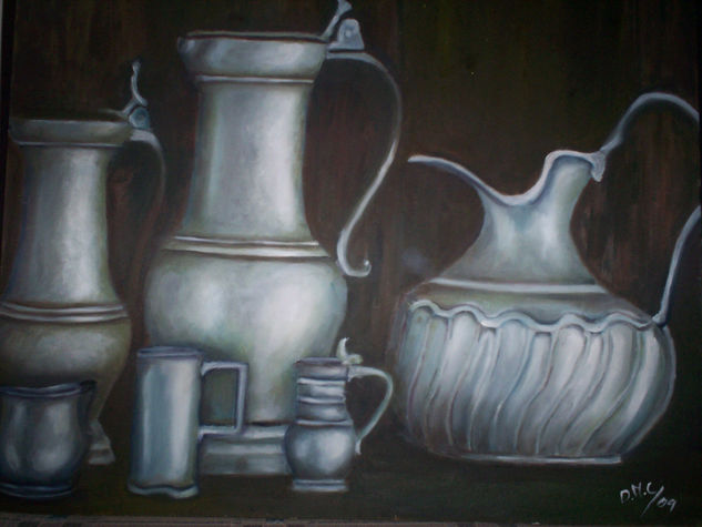 Bodegón con picheles de metal Oil Canvas Still Life Paintings