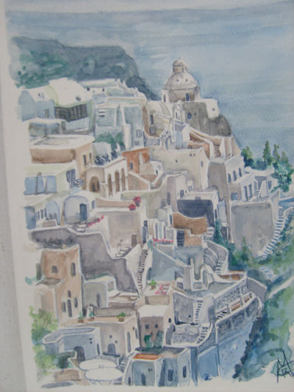 santorini Acuarela Papel Paisaje