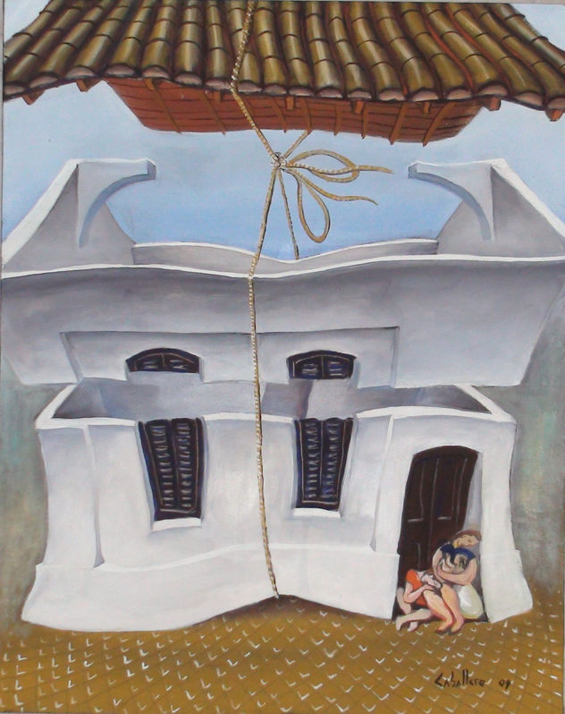 casa con mujer y niños