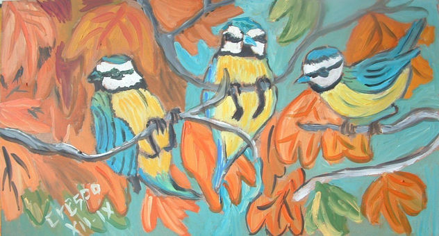 Herrerillos,óleo sobre madera ,30x50 cm. de Crespo
