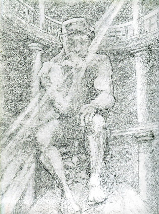 Pensador con rayo de luz de la claraboya