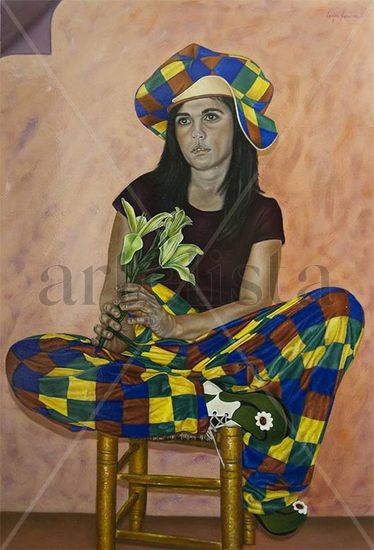 Muchacha con flores artificiales. Oil Panel Portrait