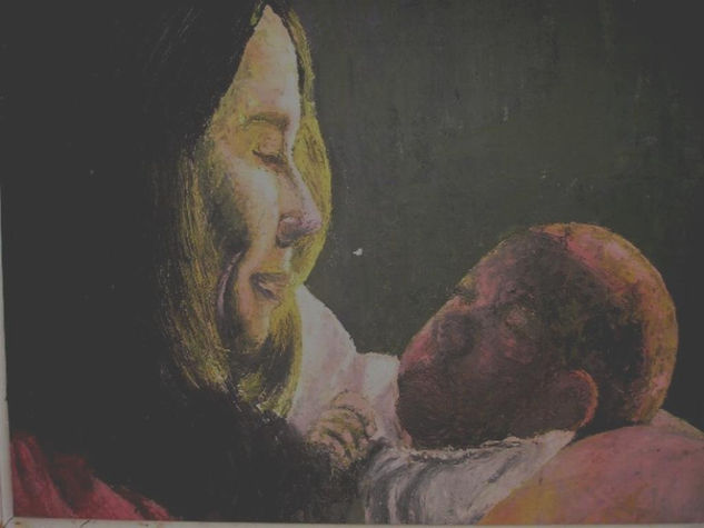 Madre con Niño Óleo Tabla Retrato