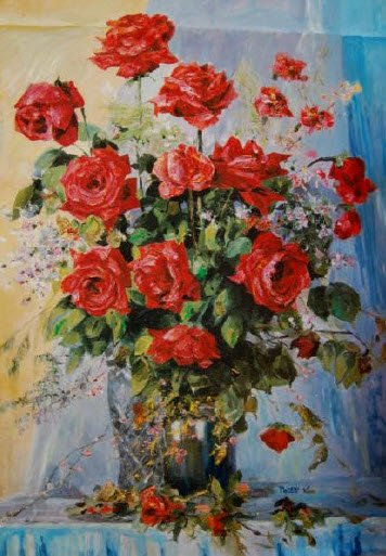 Roses in a vase. A water colour. Oil Canvas Portrait