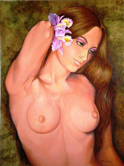 Desnudo y Orquídeas. Oil Canvas Figure Painting