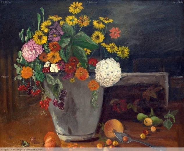 cubo con flores y fruta Oil Canvas Still Life Paintings