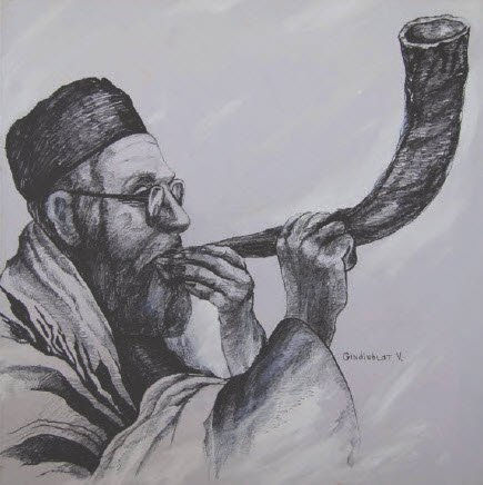 El rabino, shofar. 