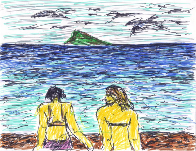 Dos bañístas tomando el sol en la playa