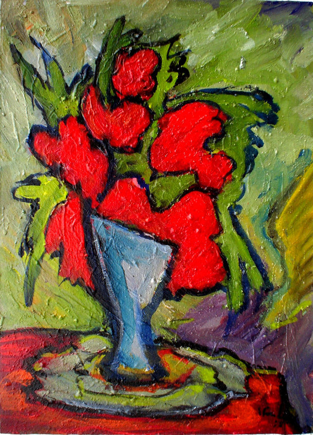 BODEGÓN CON FLORES ROJAS