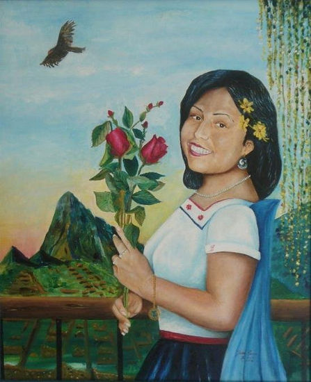 JAZMINES EN EL PELO Y ROSAS EN LA CARA Oil Canvas Portrait