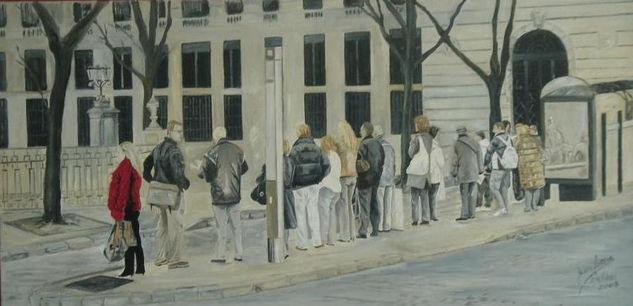 LA COLA DEL AUTOBUS EN CIBELES (MADRID) Oil Canvas Figure Painting