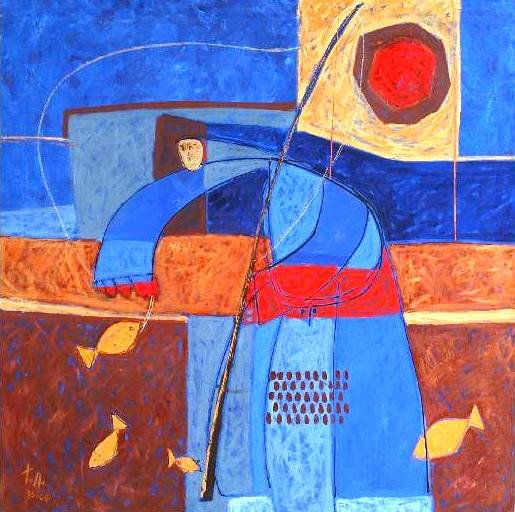 "Pescador en Azul" Óleo Lienzo Paisaje