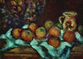Cortina, jarro y manzanas