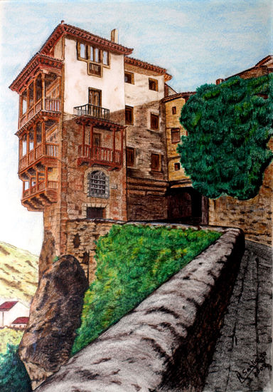 Casas colgantes. Cuenca Lápiz (a color) Papel Paisaje