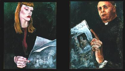 Mujer leyendo economías y Cura leyendo Penhouse. Oil