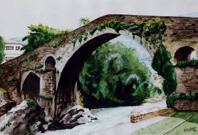 Cangas de Onis. Asturias Acuarela Papel Paisaje