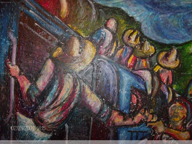 COMPARTIENDO EL PAN, LA DESPEDIDA DE LOS REVOLUCIONARIOS, AL PIE DE LA MUJER DORMIDA EN TAMAULIPAS Oil Panel Figure Painting