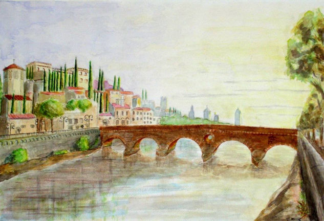 Puente sobre el Adige (Verona) Óleo Lienzo Paisaje