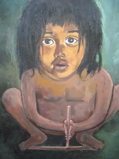 niño haciendo fuego Acrylic Textile Figure Painting