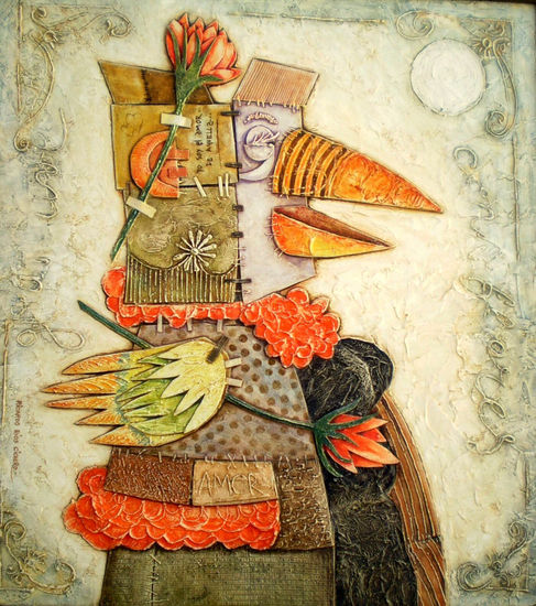 Gran ave con flores Mixed media Panel Figure Painting