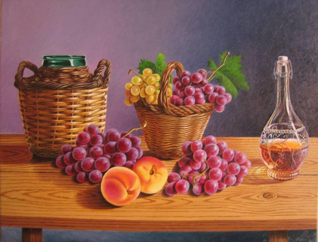 bodegón con uvas y botella de cristal Oil Canvas Still Life Paintings