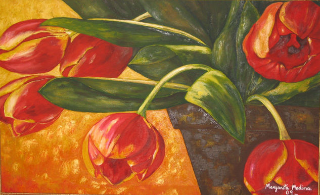 Tulipanes rojos. Oil Textile Still Life Paintings