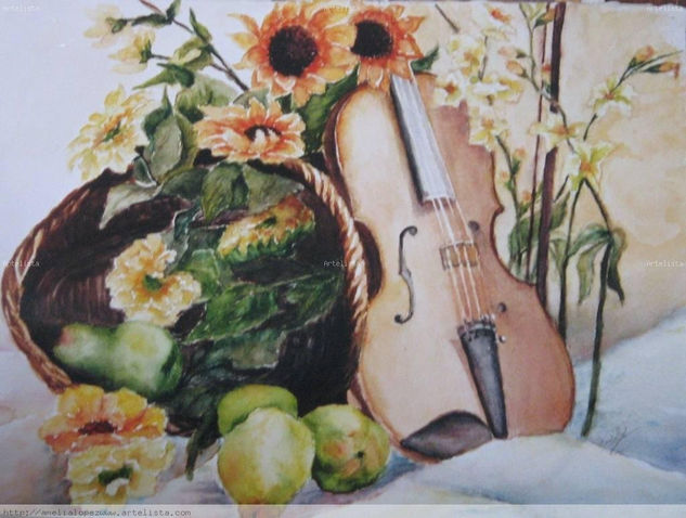 Cesta y música Watercolour Paper Still Life Paintings