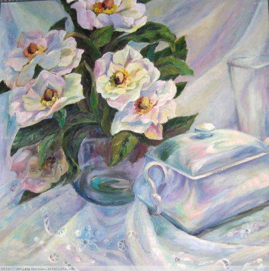 Magnolias sobre blanco Oil Canvas Still Life Paintings