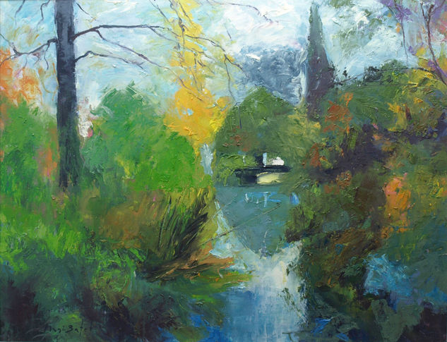 Charca de riego en Montjuïc 65X54 cm. Oil Canvas Landscaping