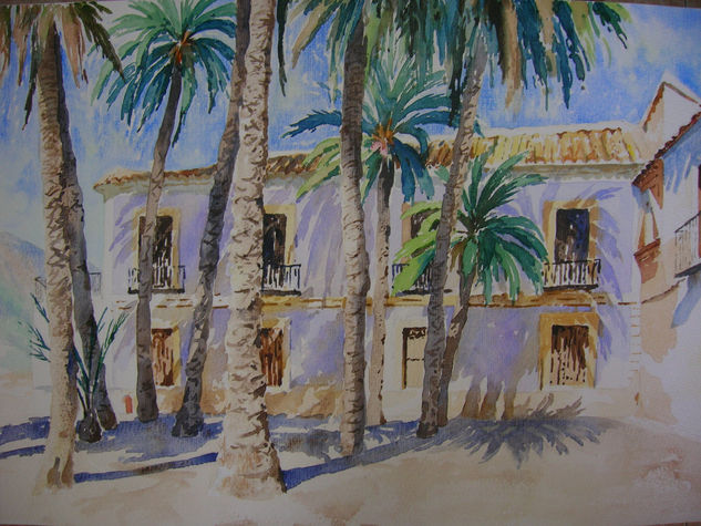 Palmeras y casa Acuarela Papel Paisaje